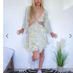 ASOS Cut Out Waist Long Sleeve Beach Dress in Block Floral